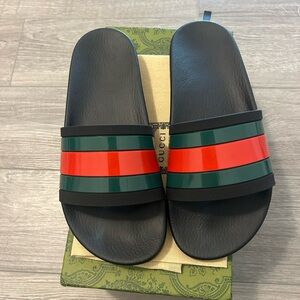 Gucci Black Slides with Bold Red and Green Accents